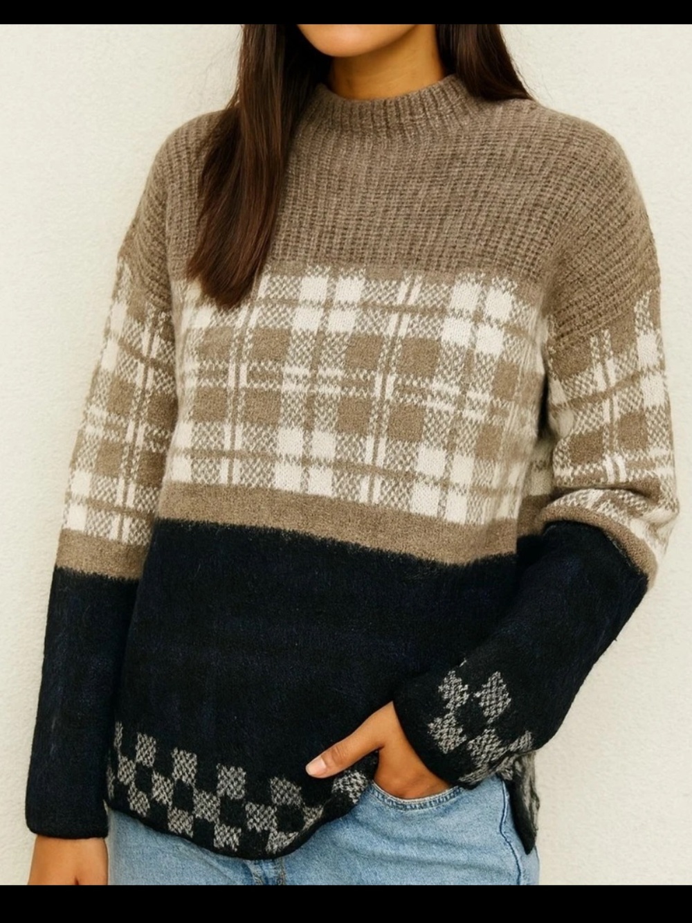 Anthro silence + noise gunner plaid wool color block sweater xs/s / oversized